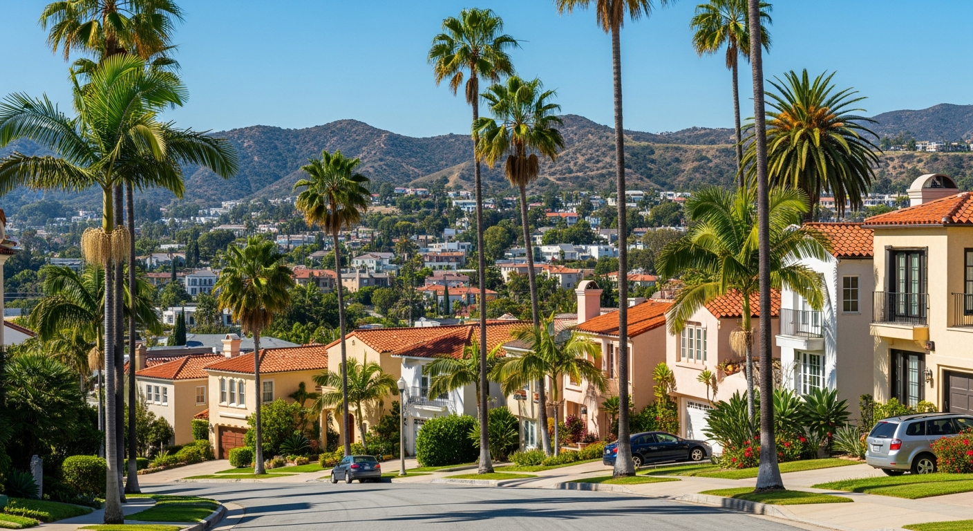 Residential street in Los Angeles showing a mix of single-story and two-story homes with stucco exteriors, palm trees, and hillside terrain in the background under bright California sunlight.