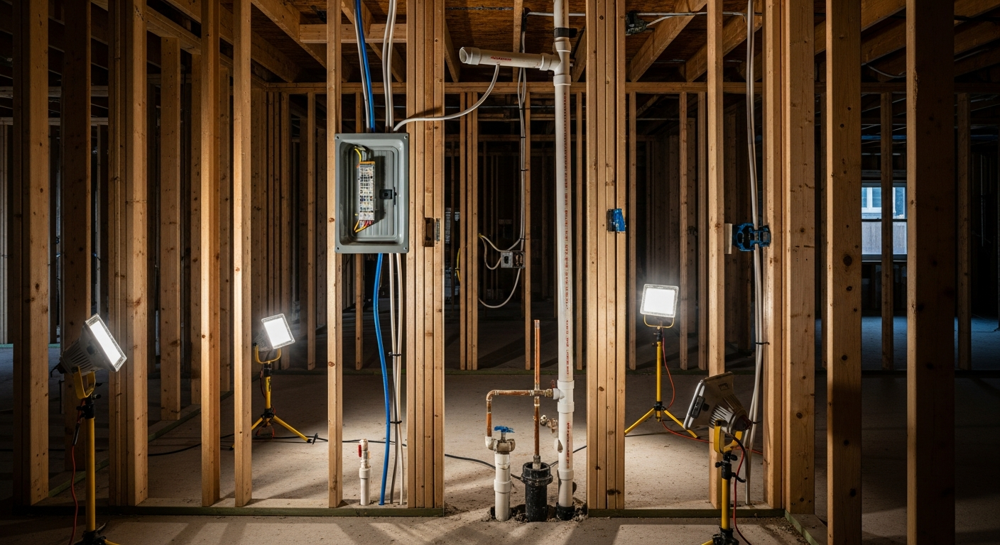 Exposed framing and electrical panel inside a Woodland Hills home during whole-house remodel showing interconnected systems.