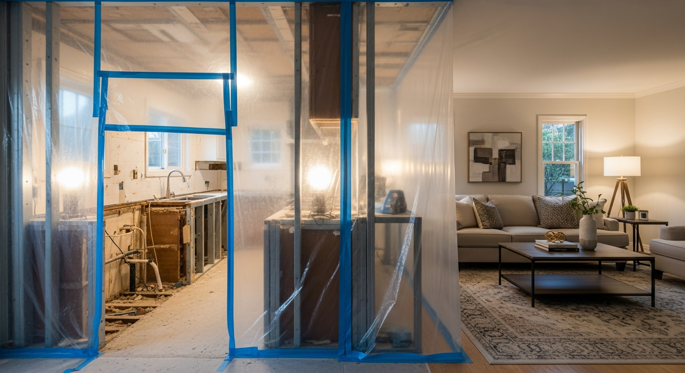 Temporary plastic sheeting isolating a kitchen remodel zone in a Woodland Hills home with adjacent living area still furnished.