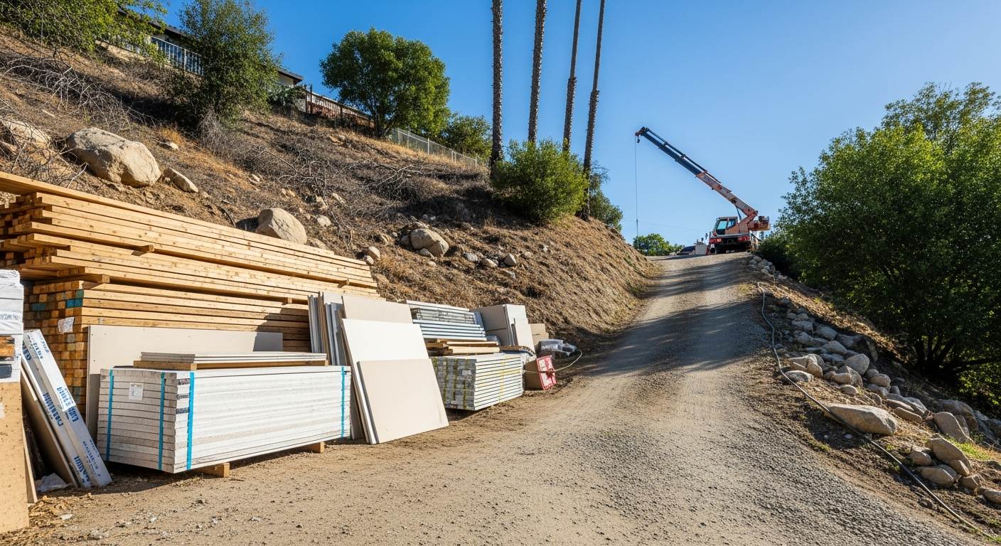Steep Woodland Hills driveway with construction materials staged for hillside home remodel and crane visible in background.