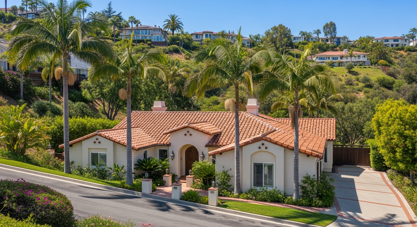 Woodland Hills hillside home with Spanish tile roof and stucco exterior under clear California sky during remodeling preparation.
