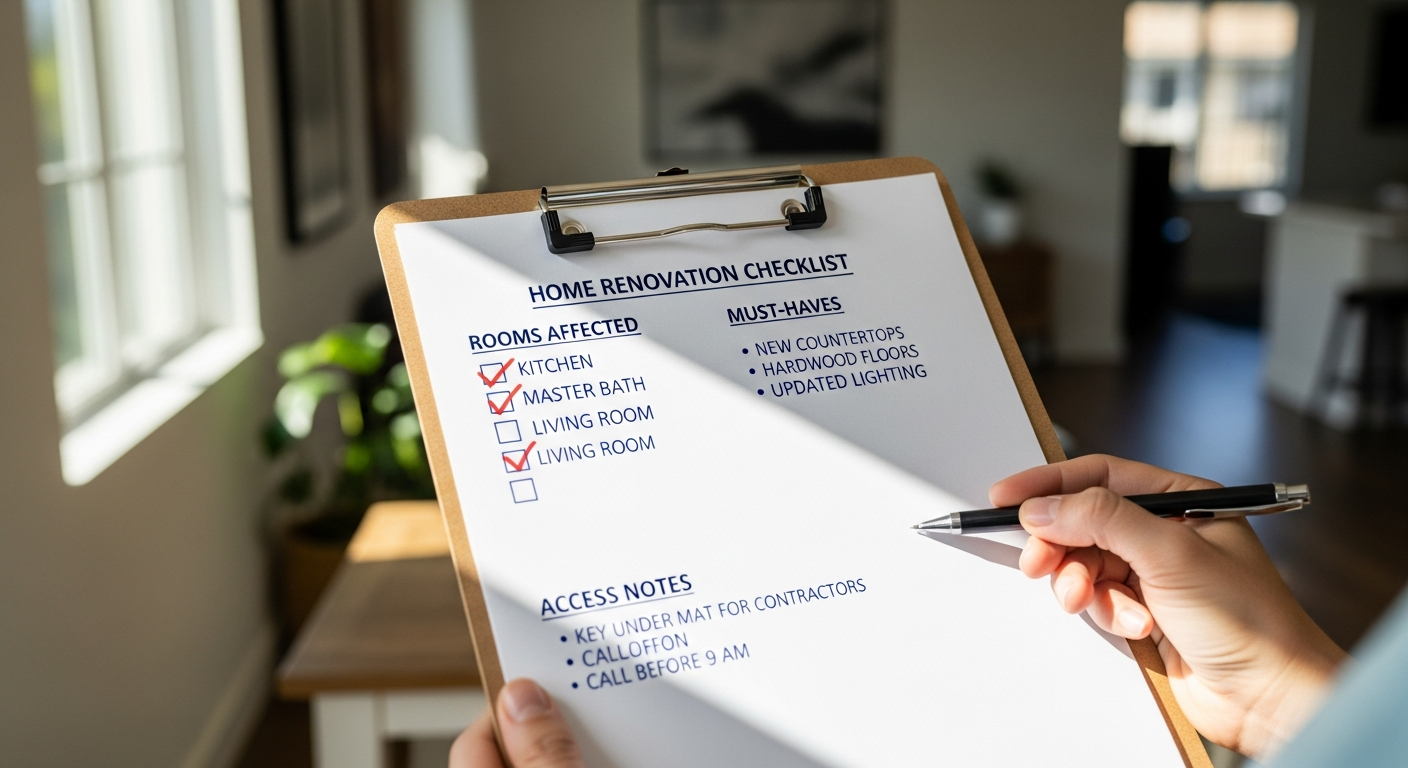Homeowner-side checklist on a clipboard showing rooms affected, must-haves, and access notes