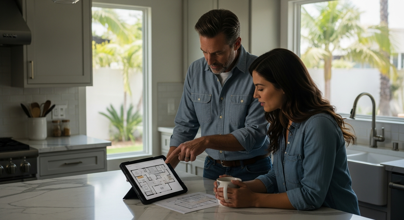 Contractor and homeowner reviewing a plan on a tablet at a kitchen island