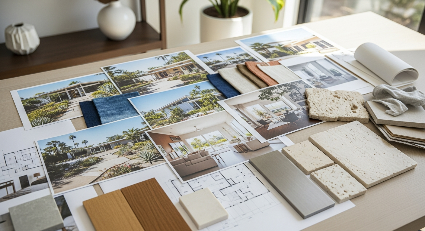 Stack of inspiration photos and material samples laid out for a planning meeting