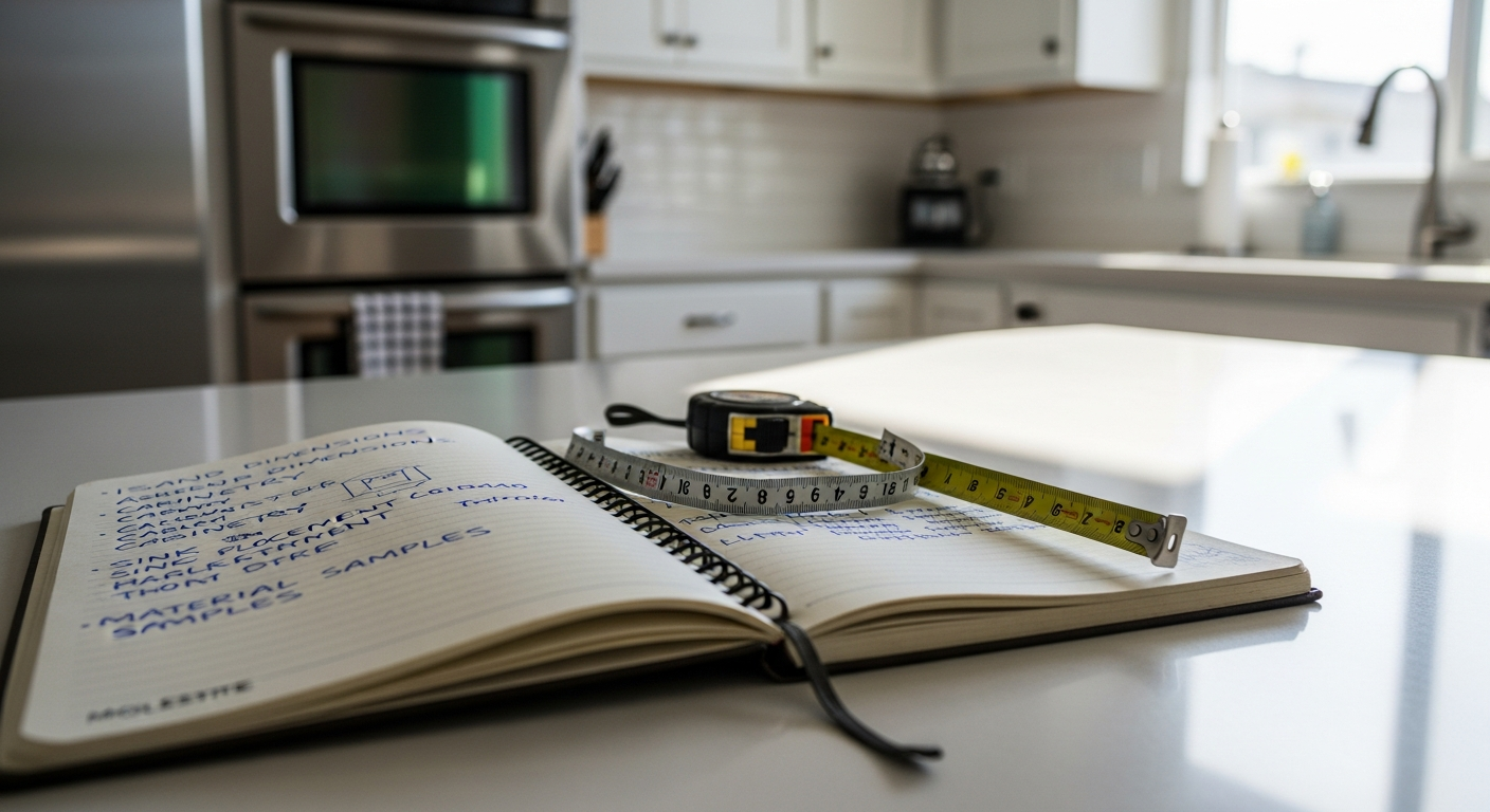 Notebook and tape measure on a kitchen counter in a Los Angeles home, prep notes for a remodel meeting