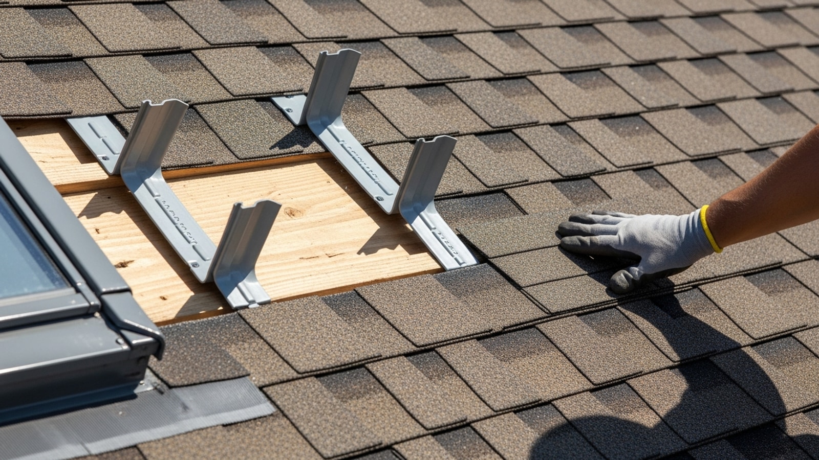 Step-flashing pieces being woven into asphalt-shingle courses around the side of a curb-mount skylight on a sloped Los Angeles residential roof