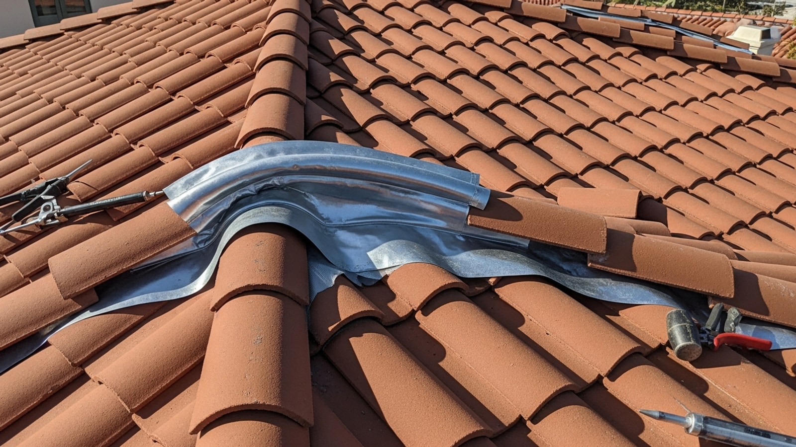 Lead-style tile-flashing apron conformed to the Spanish clay-tile field around a deck-mount skylight on a Los Angeles Mediterranean home