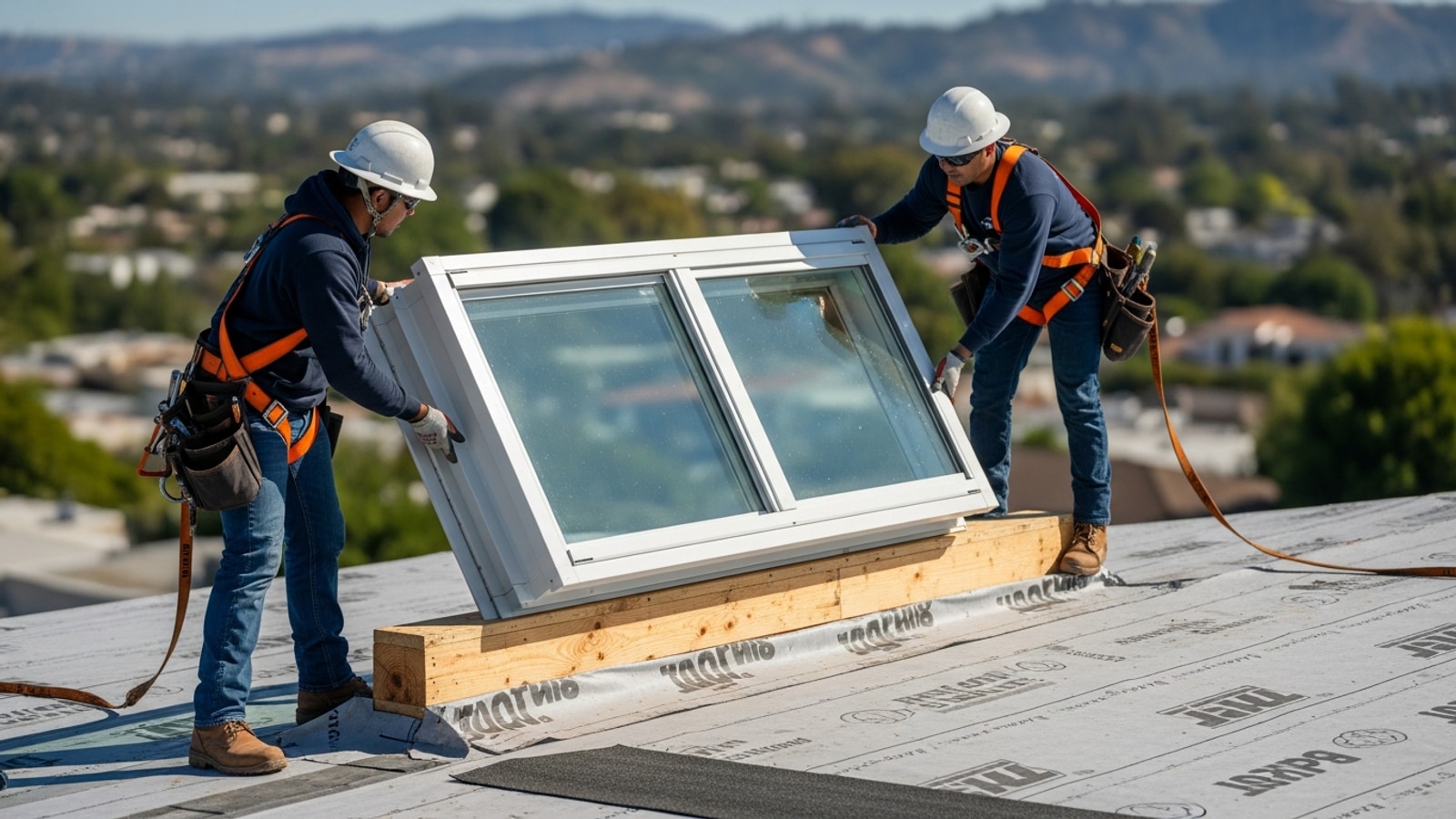Two roofers in safety harnesses on a steep-slope Los Angeles roof carefully lowering a curb-mount skylight unit onto a finished 2x6 wood curb