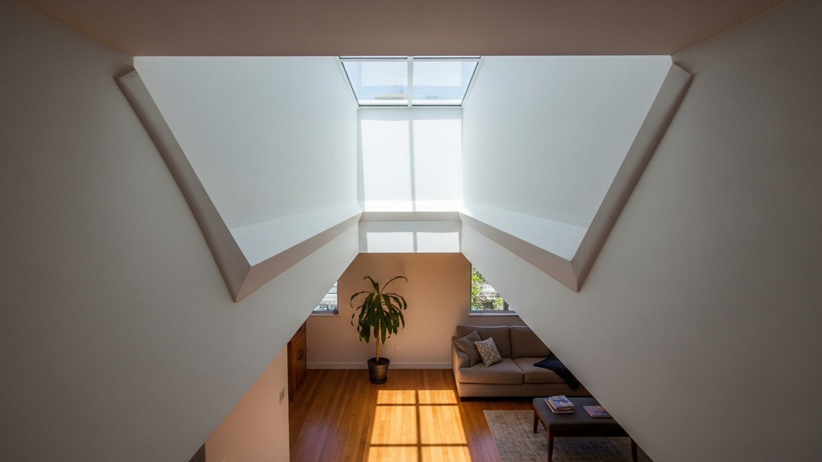 Interior view looking up through a finished drywall skylight shaft from a Los Angeles living room with California daylight cast onto wood floors below