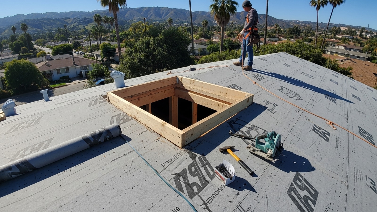 Roofer in a safety harness on a Los Angeles ranch roof beside a freshly cut rough opening with a partially framed 2x6 wood curb and roofing underlayment ready to install
