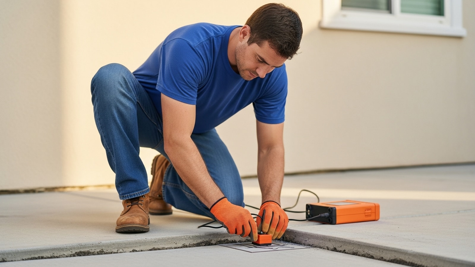 Plumber using an acoustic listening device on a concrete slab section in a Los Angeles single-family home