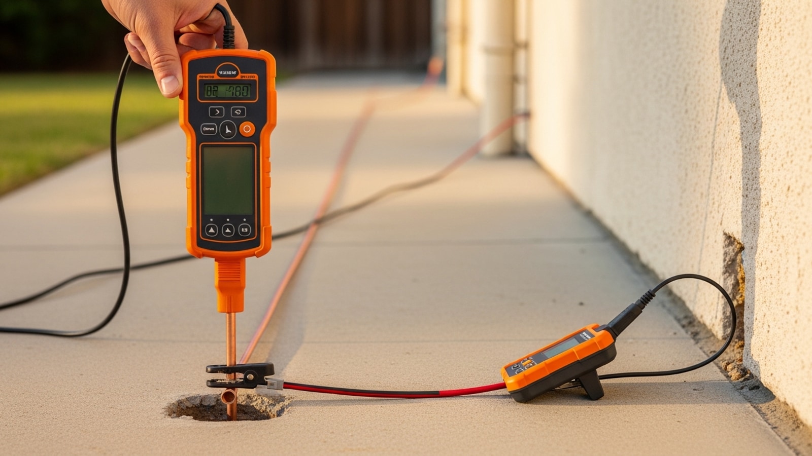Electronic line locator tracing a copper water supply line through an interior wall as part of slab leak detection in an LA home