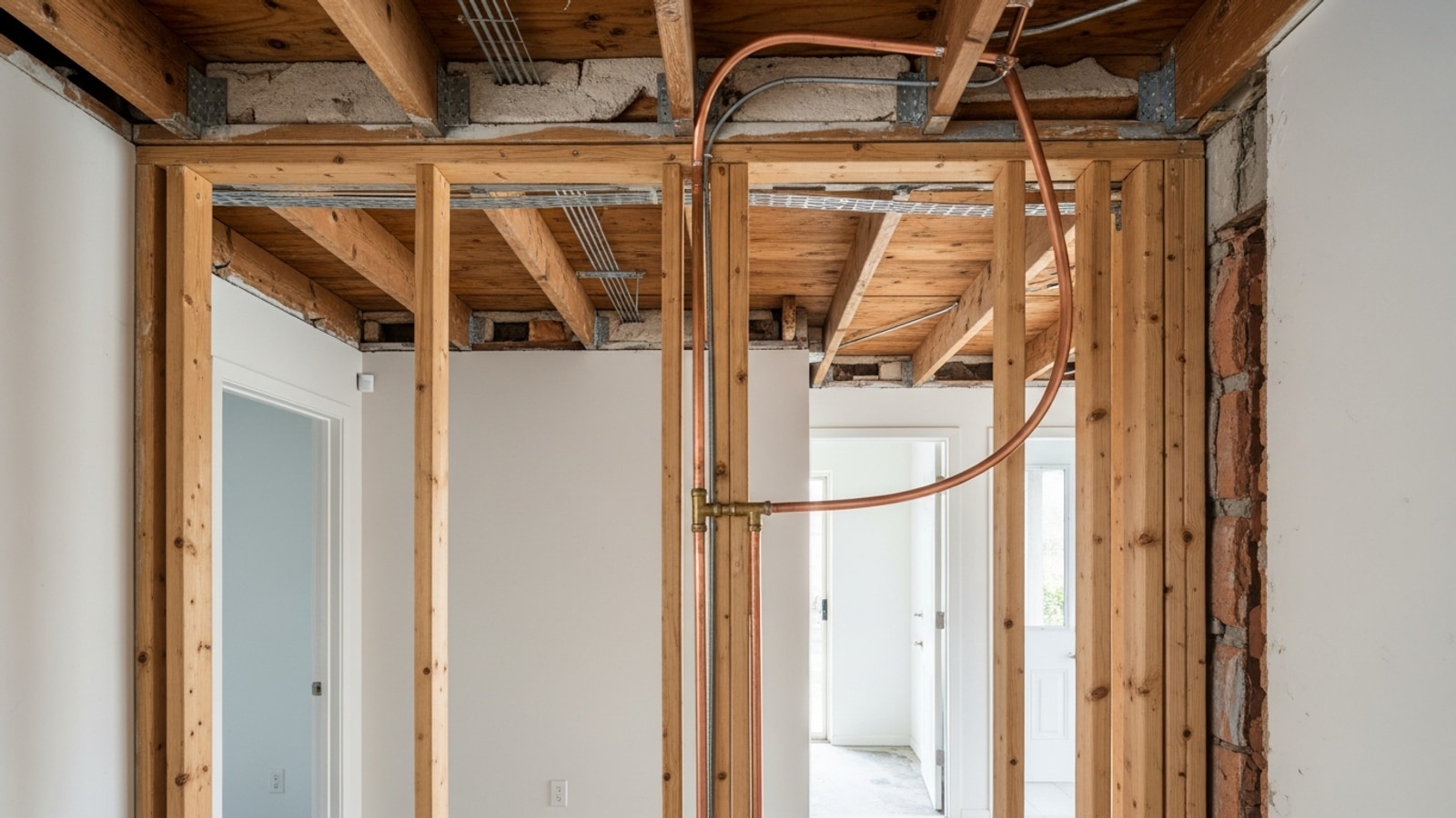 New copper supply line rerouted through interior wall framing as a slab leak repair, avoiding a slab cut