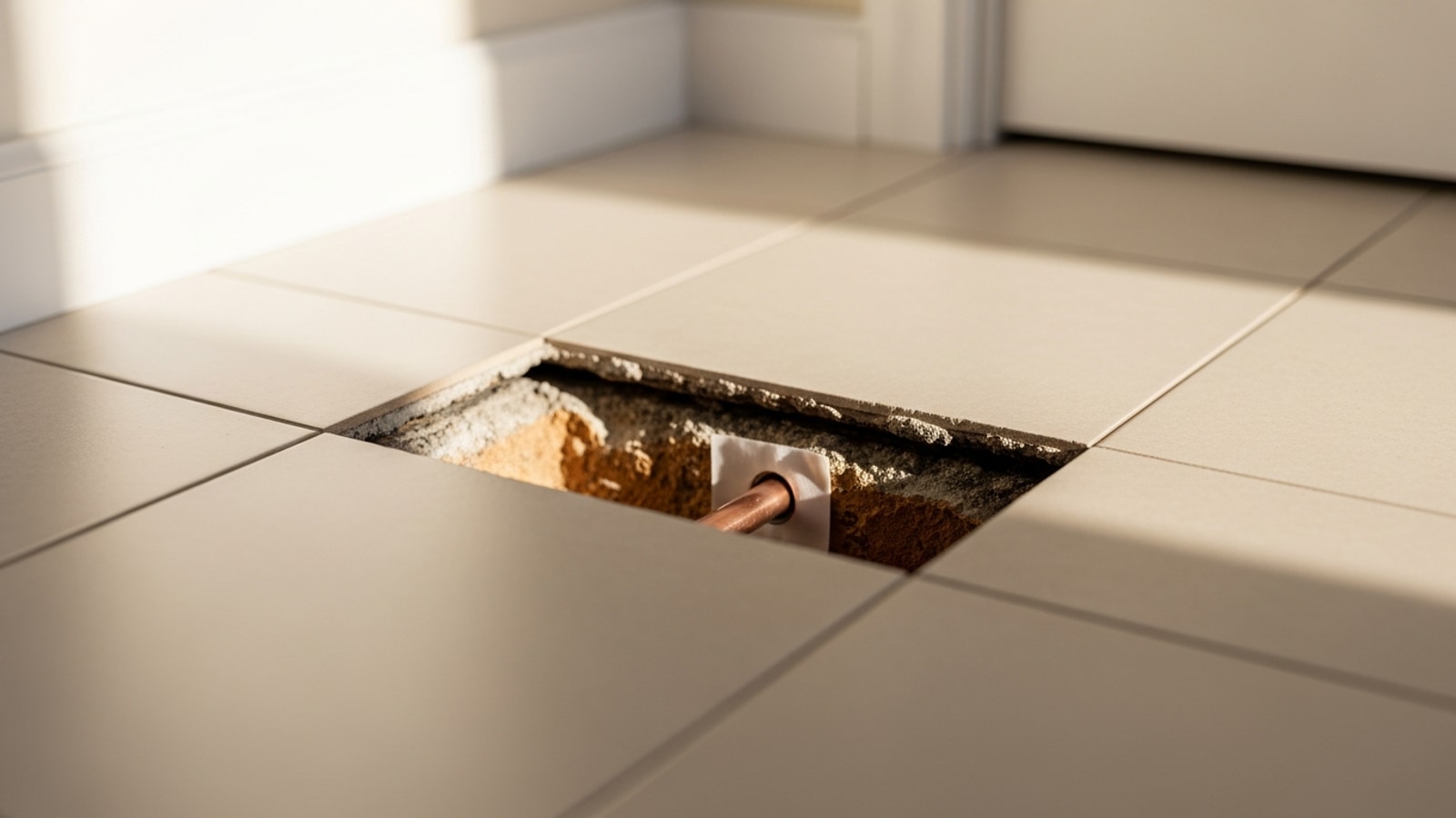 Small access cut in a tile floor revealing the repaired copper water line beneath the slab in a Los Angeles home
