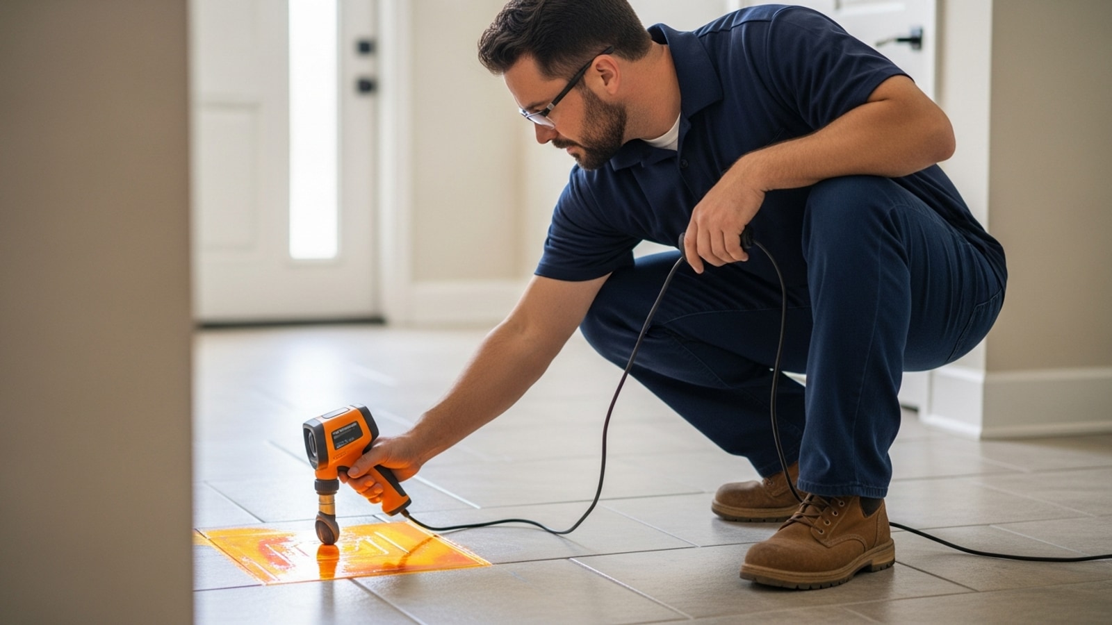 Plumber holding a thermal imaging camera over a tile floor in a Los Angeles single-family home, identifying a warm spot above a suspected slab leak
