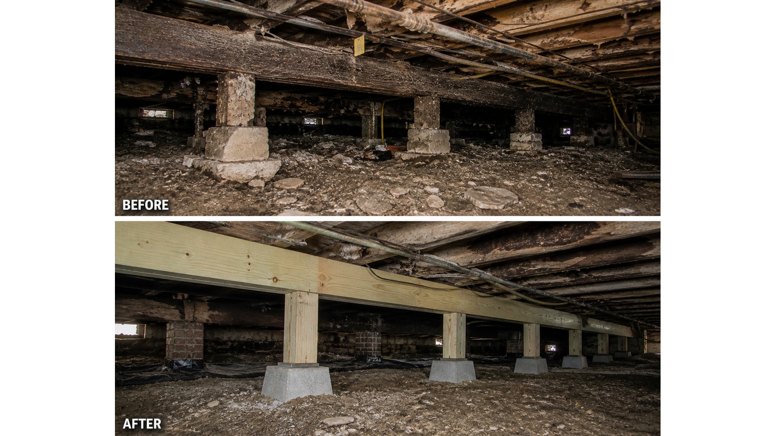 Before and after: original deteriorated wood posts on broken concrete piers (top) and new wood posts on fresh concrete pier pads with steel post bases (bottom)