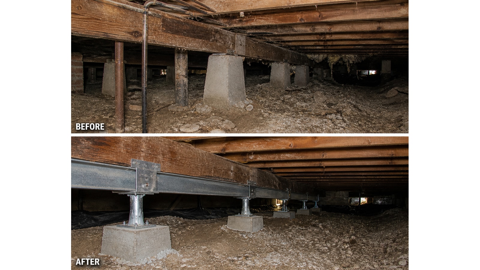 Before and after: aging post-and-pier supports (top) replaced with a steel I-beam carrier supported on new concrete pier pads (bottom)