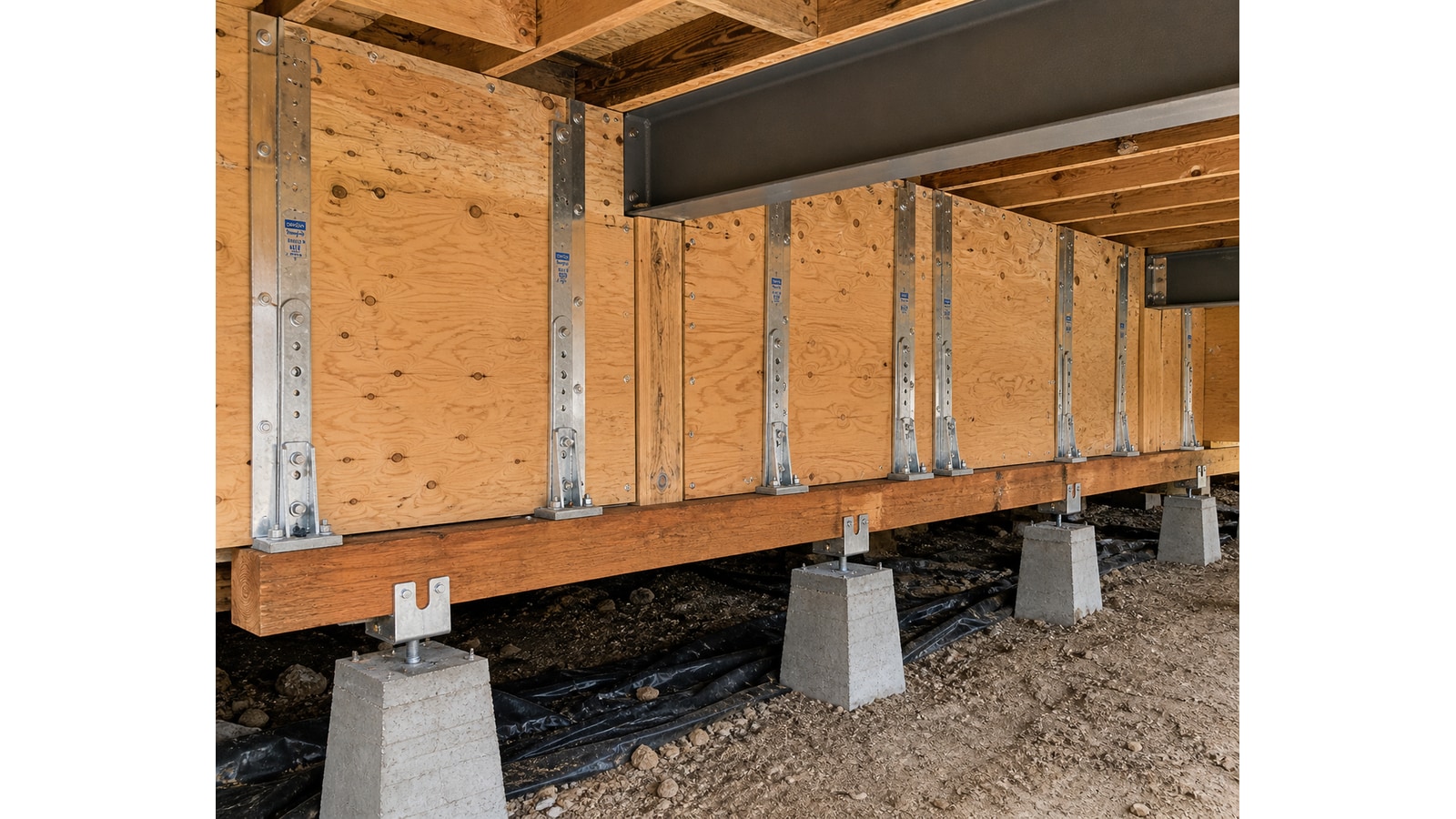 Close-up of galvanized hold-down brackets and steel post bases bolted to fresh concrete pier pads on a Los Angeles cripple-wall retrofit