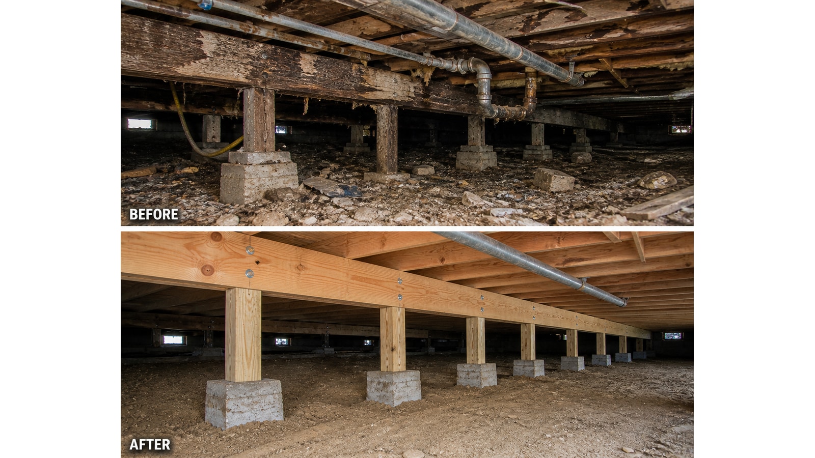 Before and after cripple-wall retrofit: original failing post-and-pier supports replaced with new wood beams seated on fresh concrete pier pads with steel post connectors
