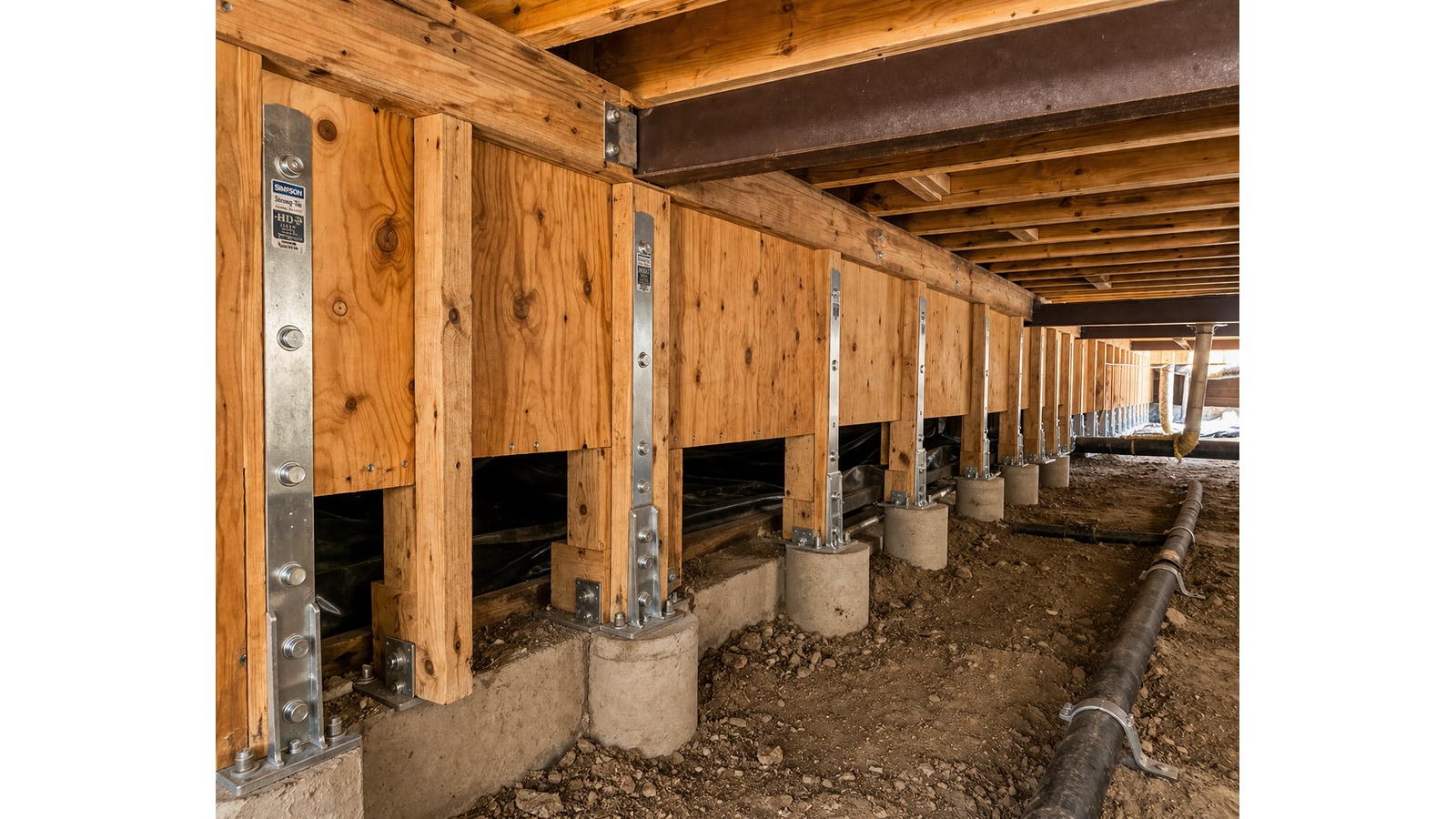 Cripple-wall retrofit in a Los Angeles crawl space showing plywood shear panels, hold-down brackets on every stud, anchor bolts at the sill plate, and fresh concrete pier pads