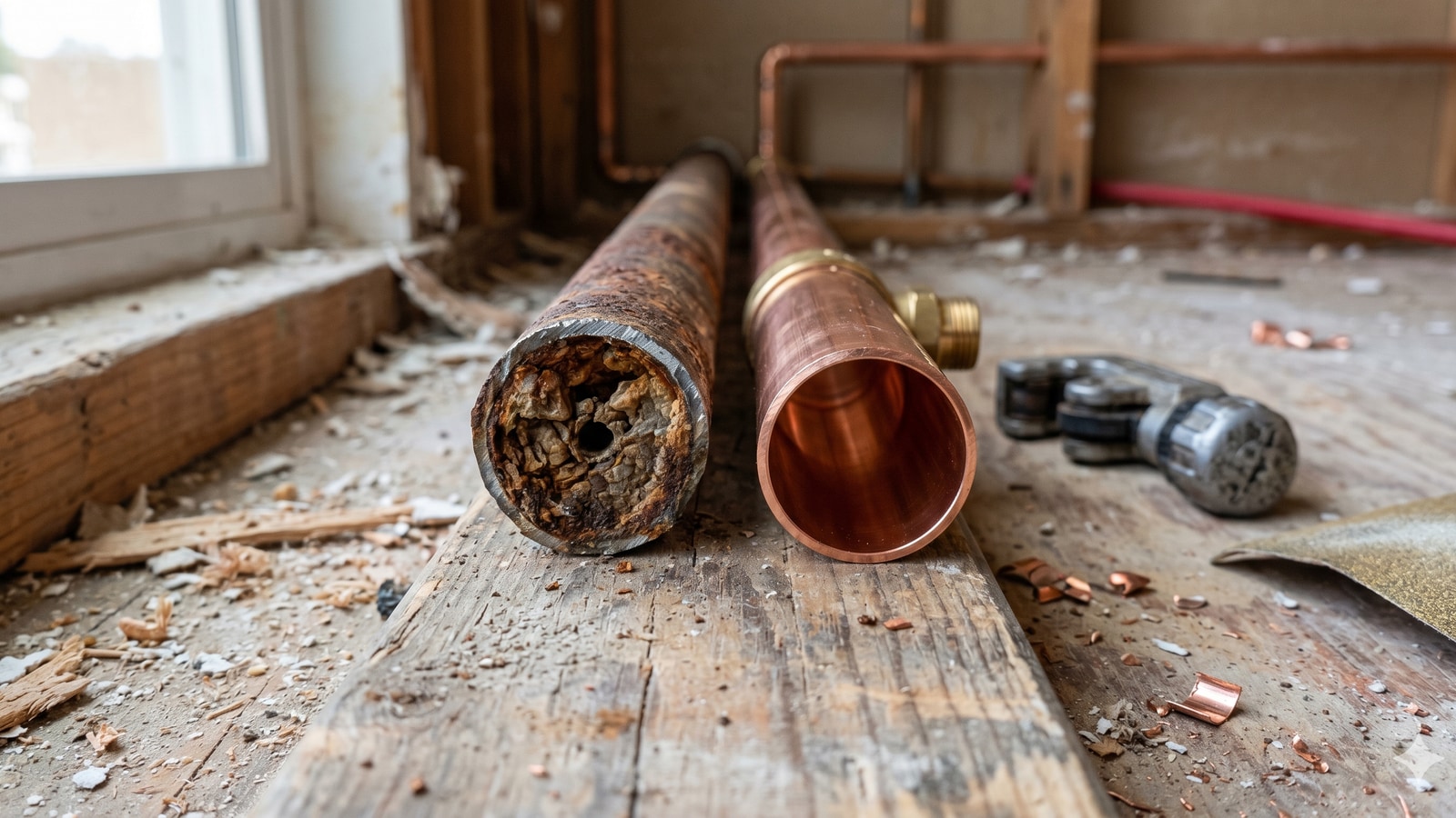 Cutaway showing the corroded interior of an old galvanized supply line next to a new copper pipe end