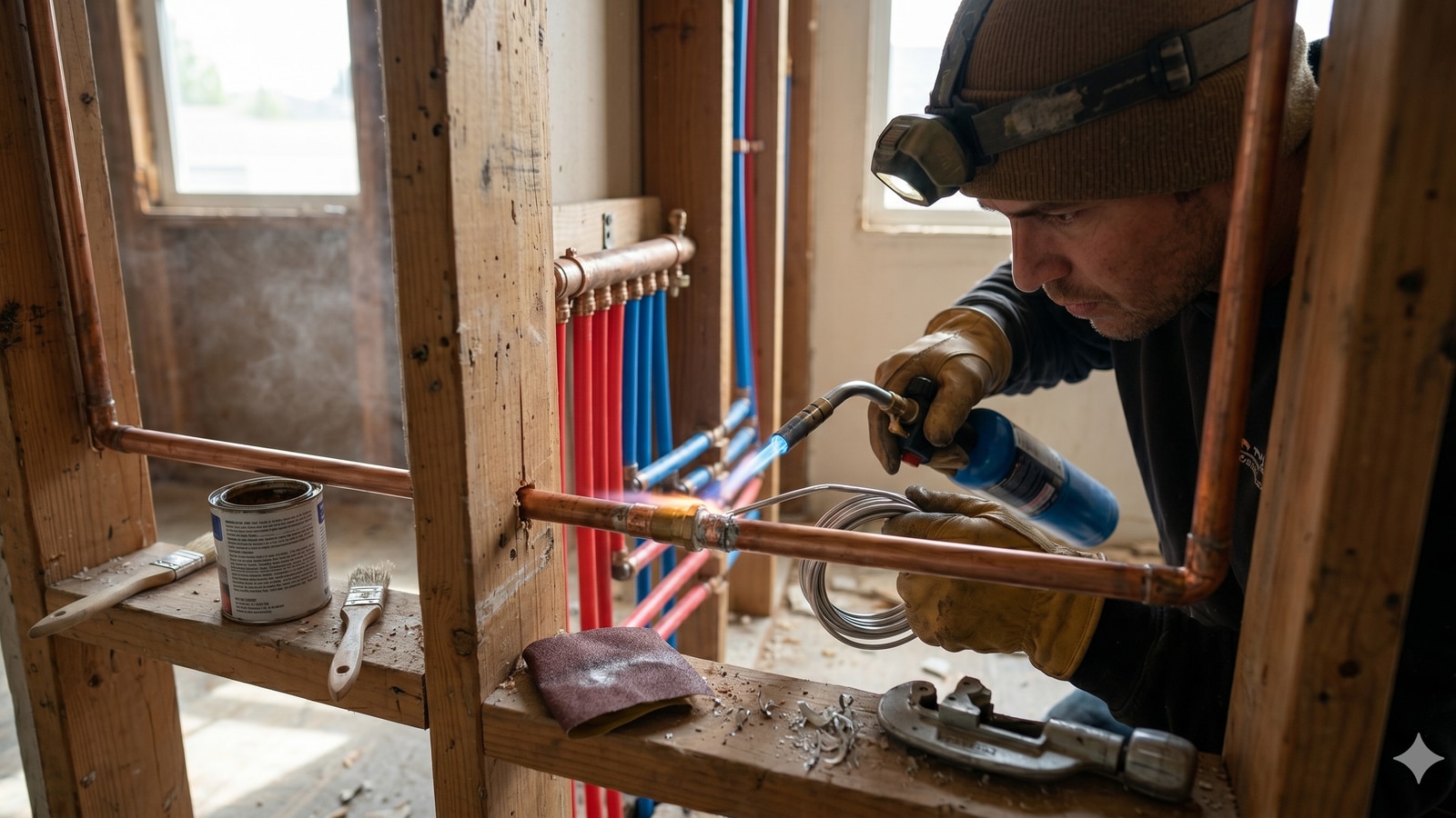Plumber soldering a copper joint on a new water supply line during a Los Angeles repipe