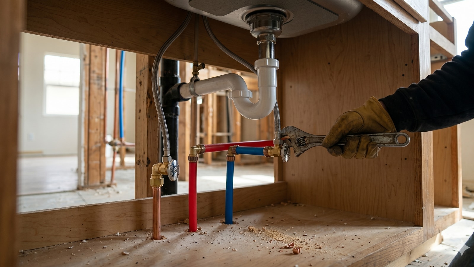 Under-vanity plumbing rough-in with new PEX supply lines, shut-off valves, and a P-trap