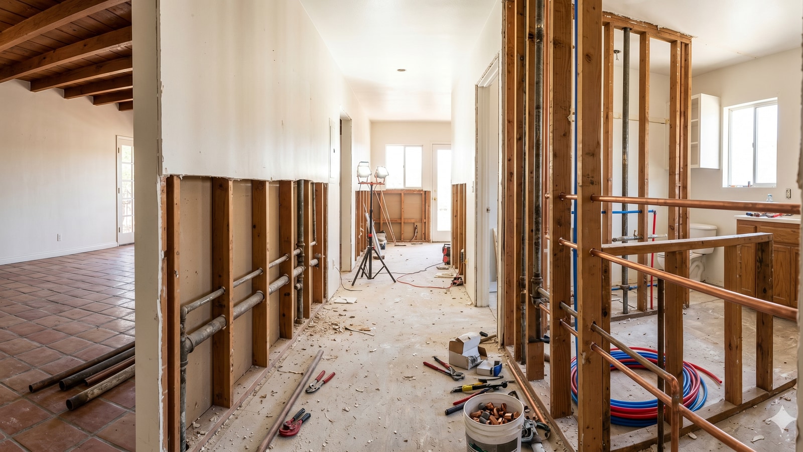 Wide view of an open-wall Los Angeles home interior during a whole-house repipe with new supply lines visible through the framing