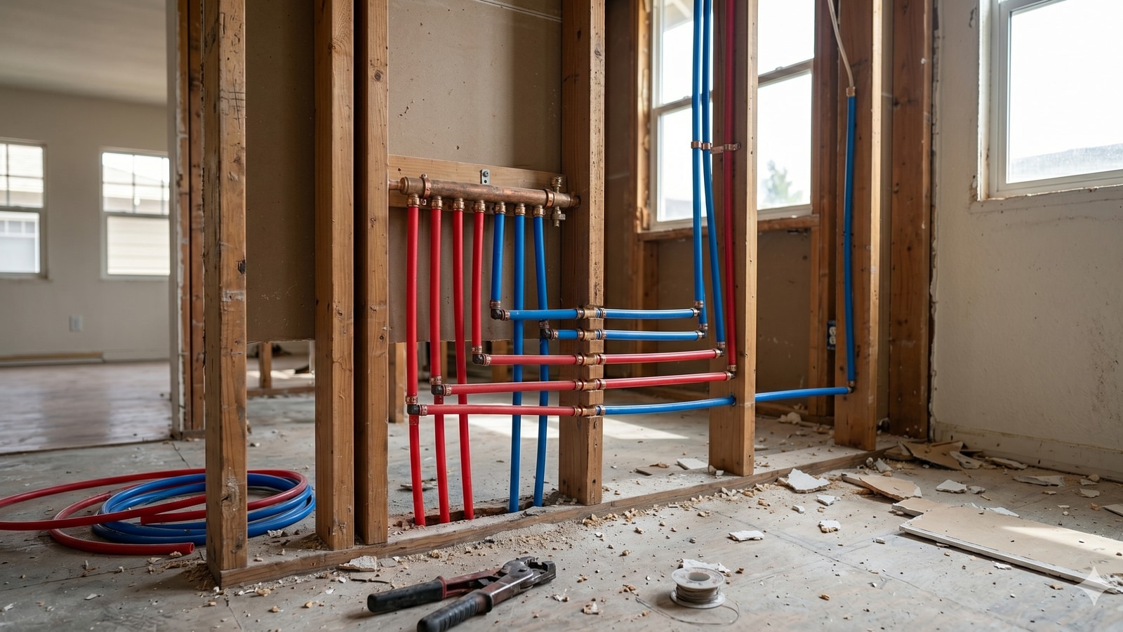 PEX manifold rough-in mounted on framed studs with red and blue PEX supply lines