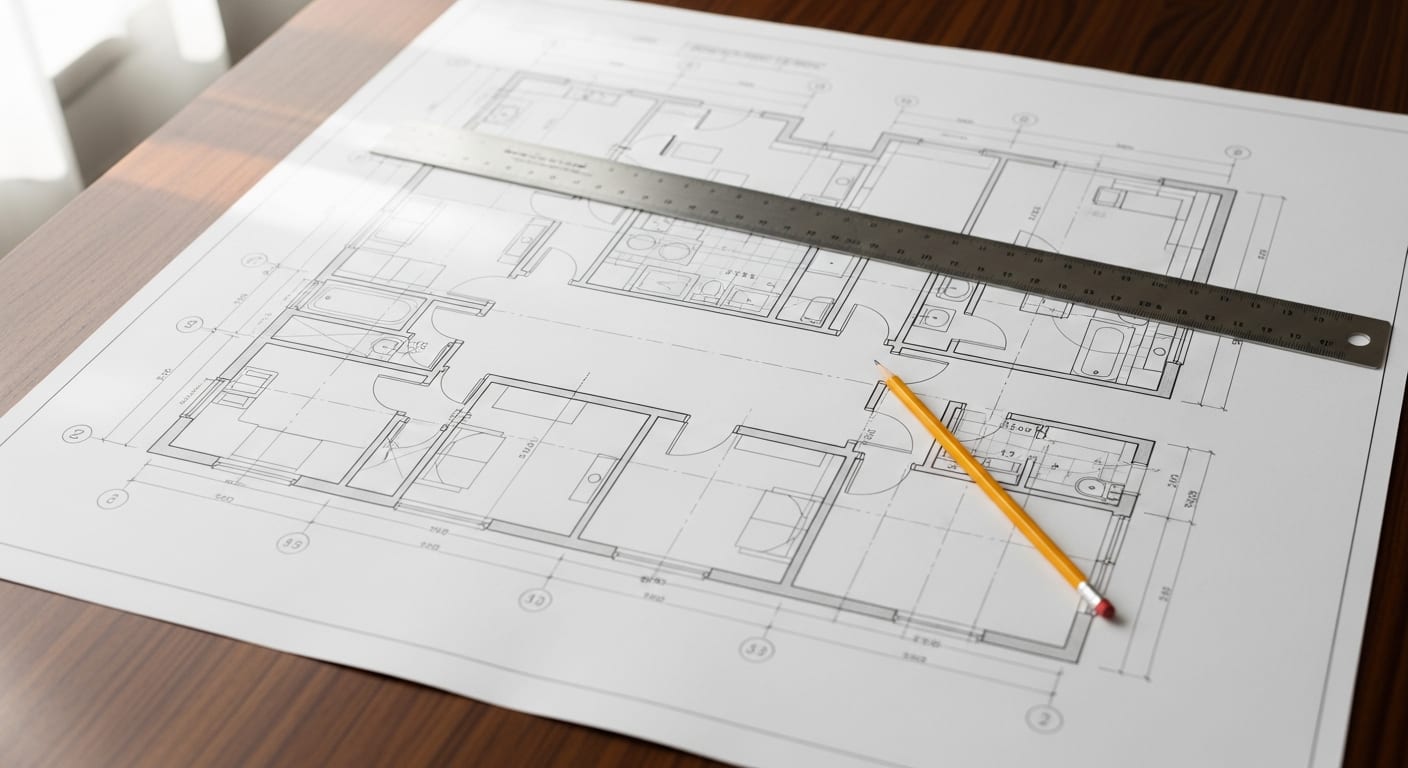 Residential floor plan drawings on a table with a scale ruler and pencil during project planning.