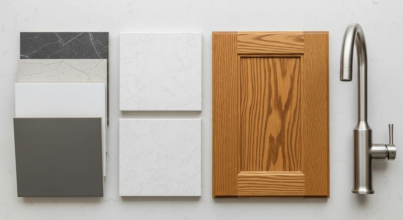 Tile, quartz, cabinet and faucet samples laid out side by side for remodel selections.