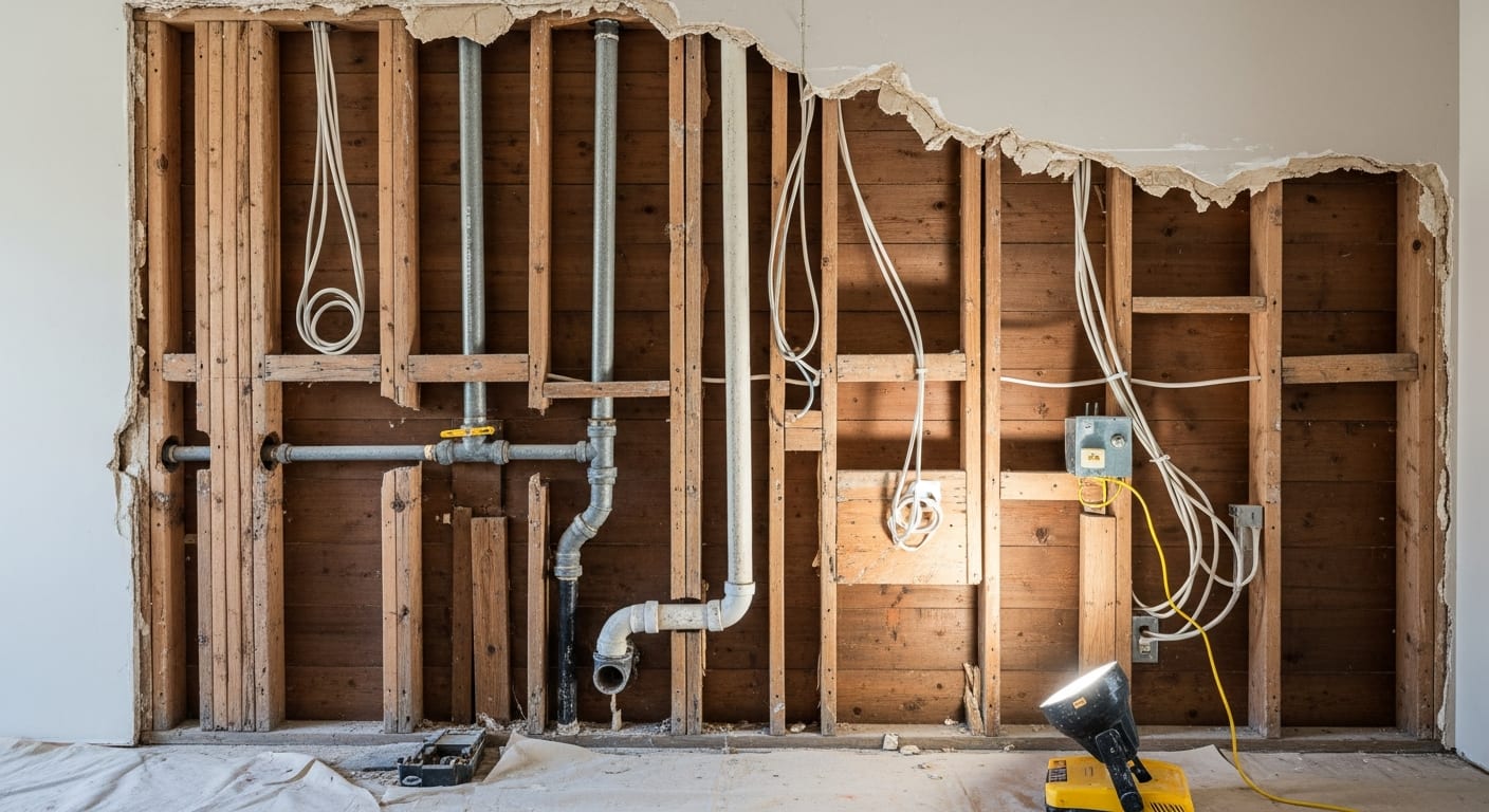 An opened wall in an older Los Angeles home showing aged galvanized pipes and original framing.