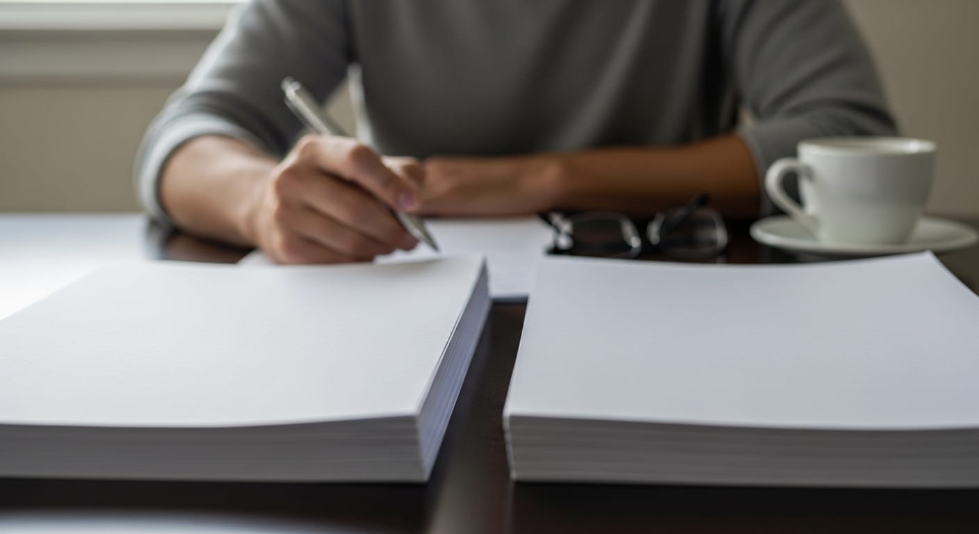 A homeowner sits at a table with two stacks of printed remodeling proposals and a pen.