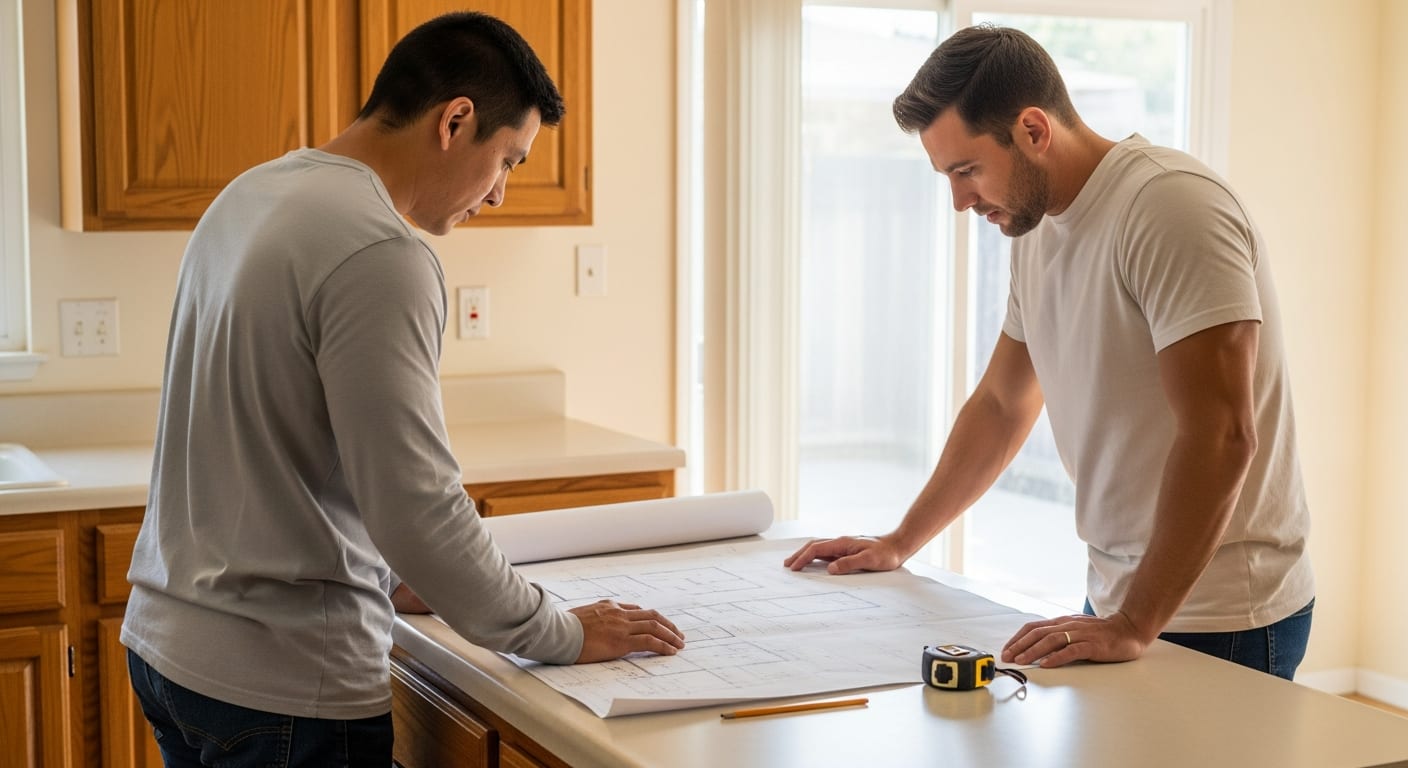 A homeowner and a contractor review architectural drawings on a kitchen counter before pricing a remodel.