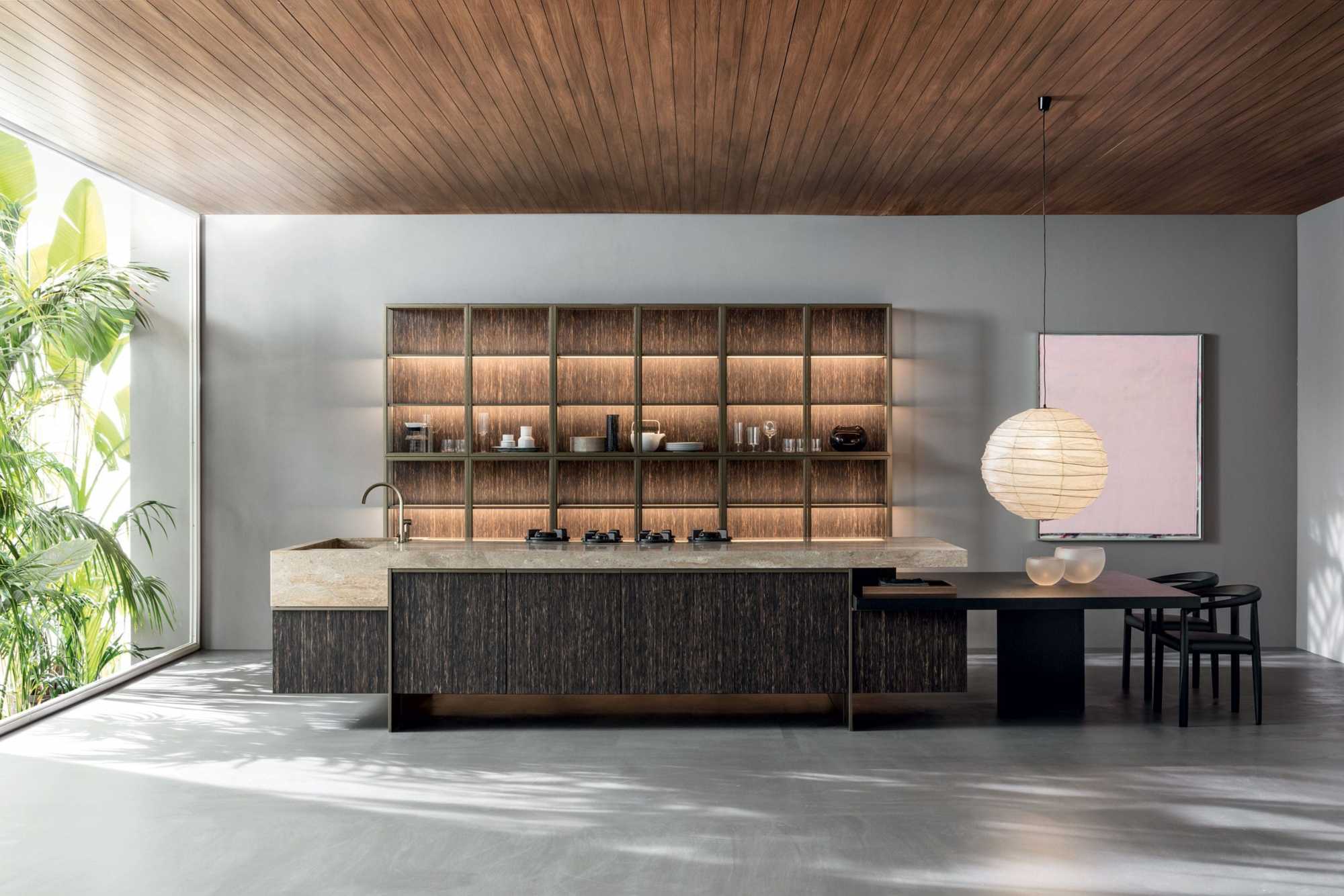 Kitchen with custom shelving and island by Hillstar Construction in Los Angeles