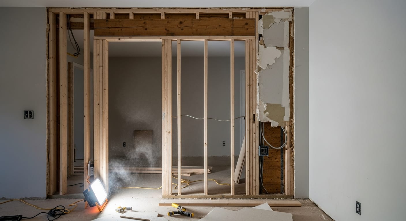 An interior wall opened during a remodel showing exposed wood studs and a horizontal header beam.