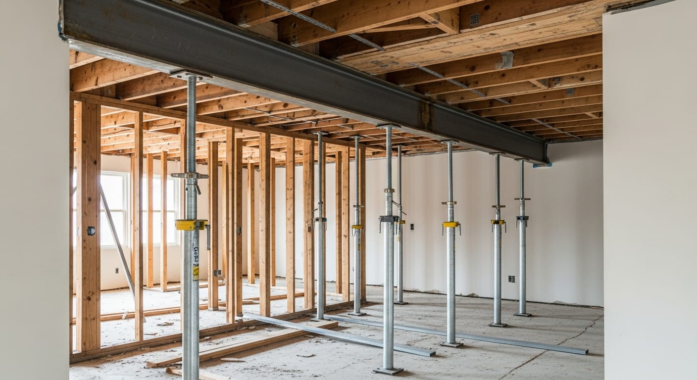 Temporary metal posts and a steel beam supporting a ceiling where an interior wall was removed.