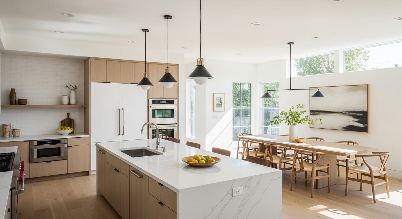 A finished open-concept kitchen with a large island where an interior wall used to stand.
