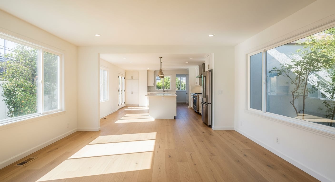 A bright open-concept living room and kitchen in a Los Angeles home with oak floors and large windows.