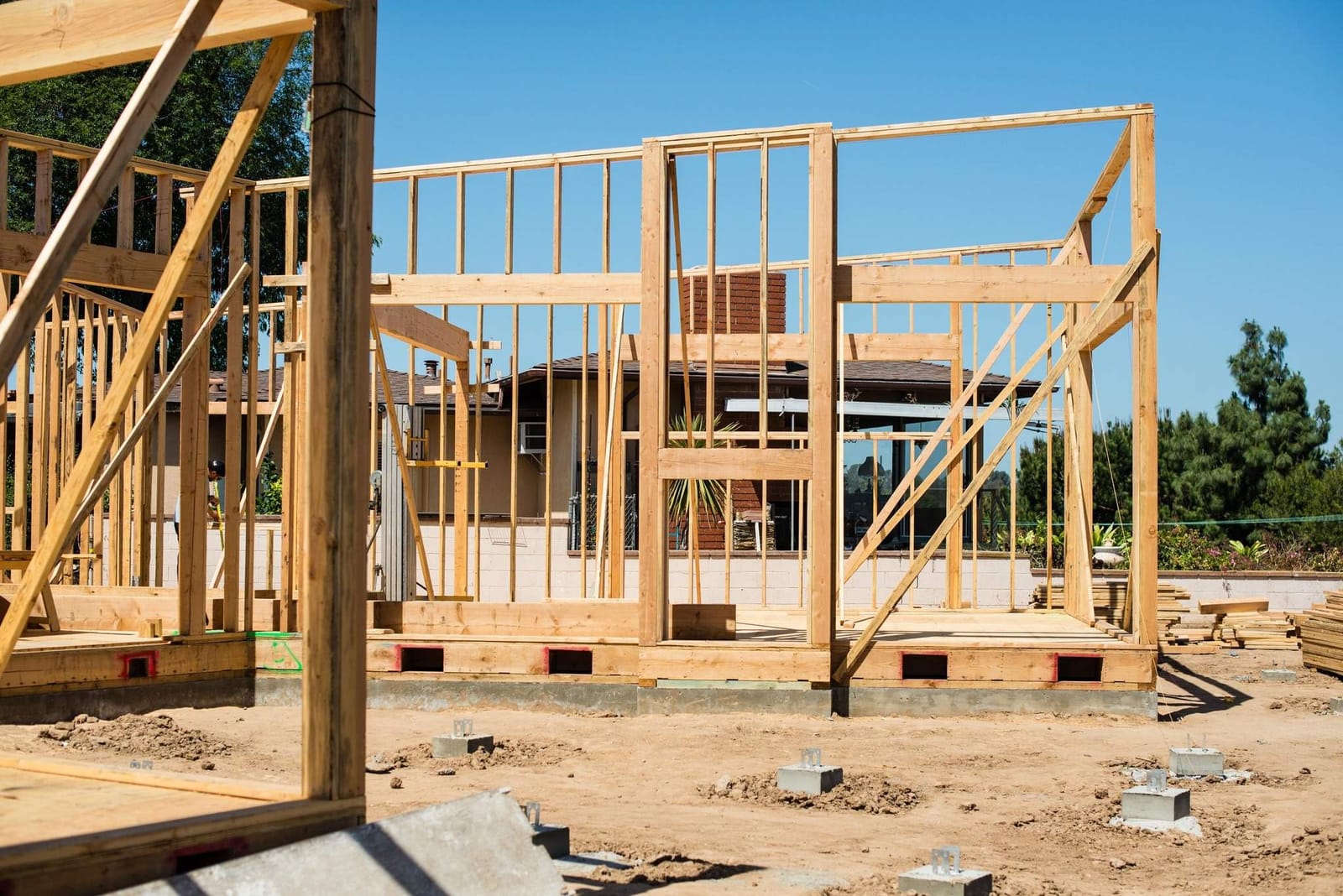 Wall framing in progress on a Hillstar Construction Inc ADU jobsite