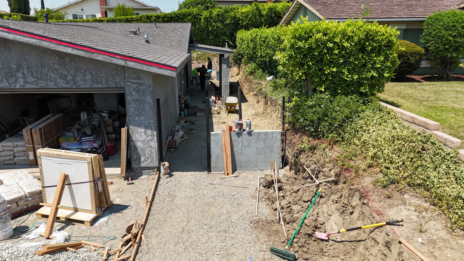 Garage conversion work in progress on a Hillstar Construction Inc jobsite, aerial view