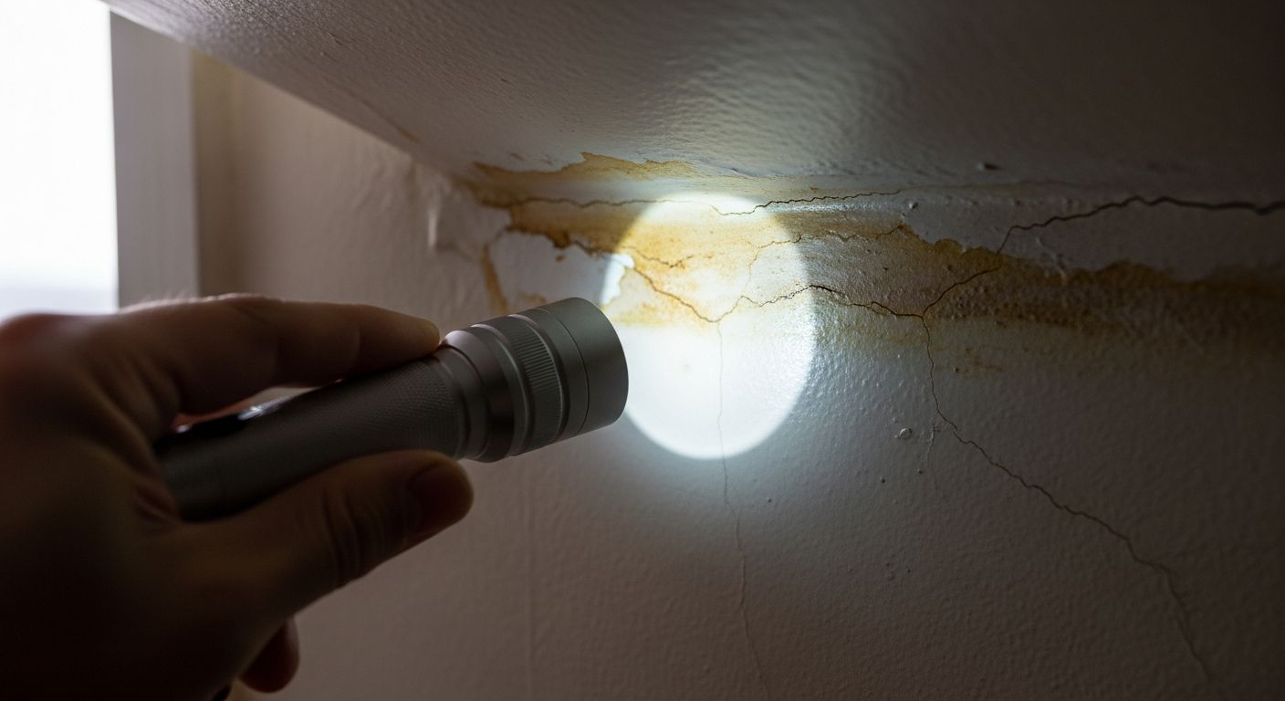A flashlight inspecting a damp corner where an interior wall meets the ceiling.
