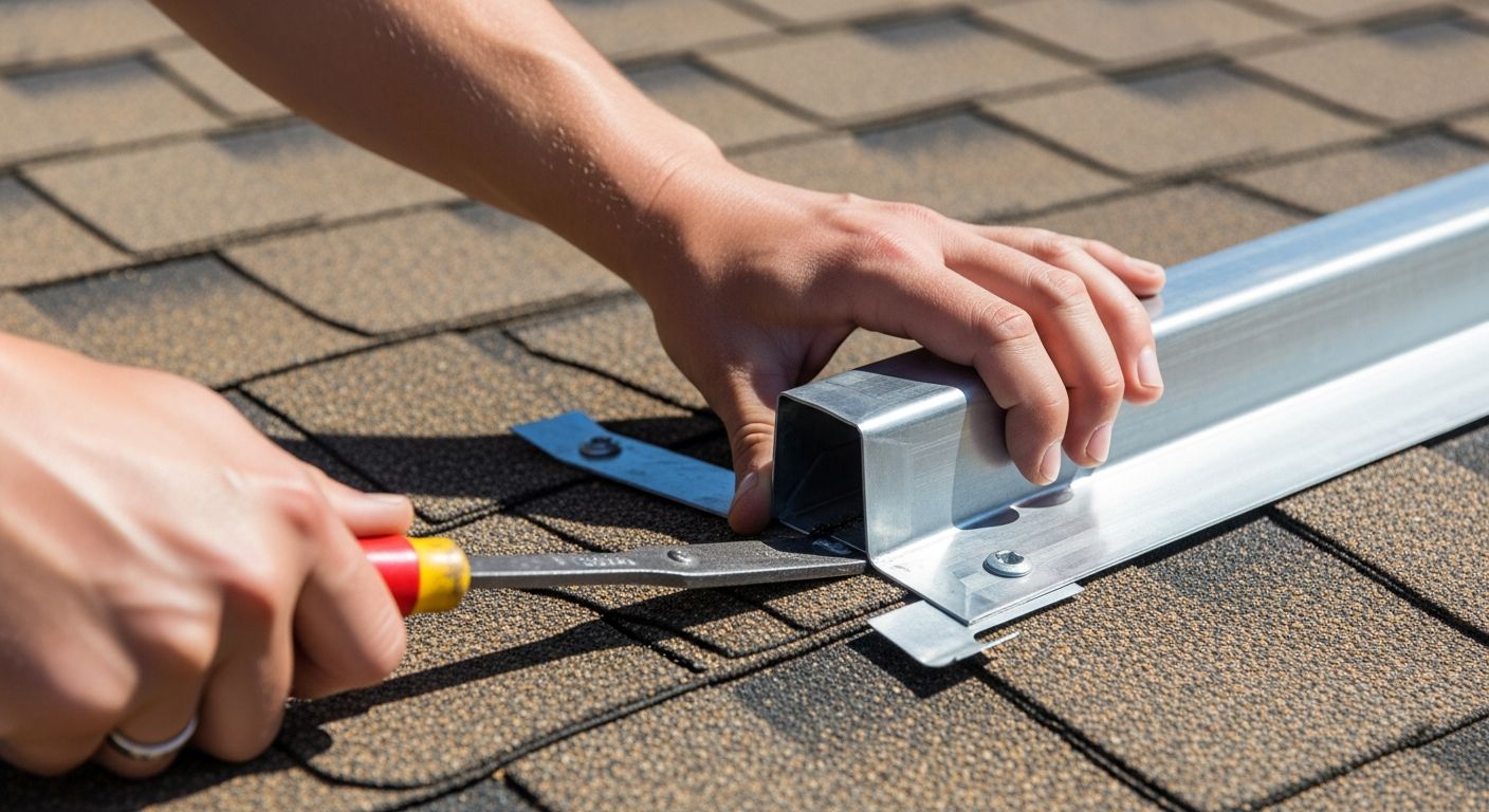 A roofer repairing metal flashing around a vent on a residential roof.