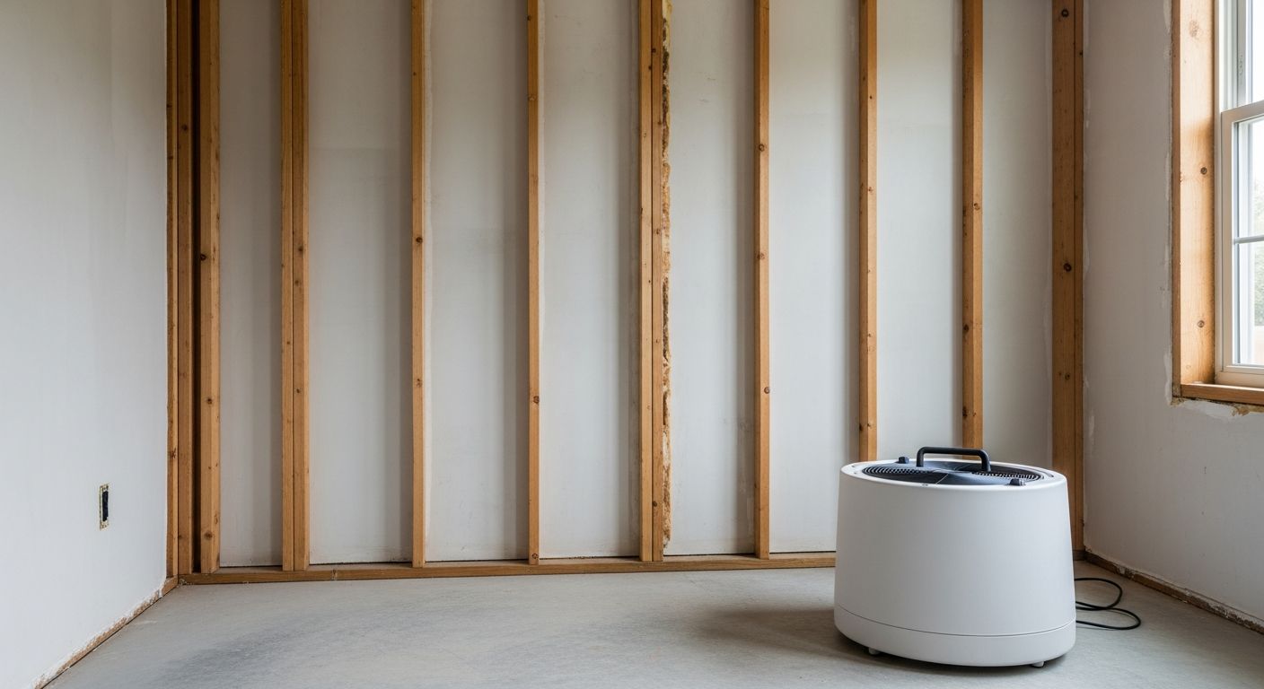 An air mover fan drying a room with an opened wall and exposed studs after water damage.