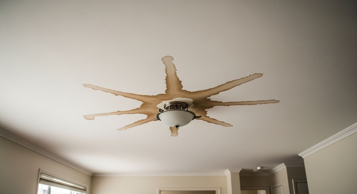 A brown water stain spreading across a residential ceiling near a light fixture.