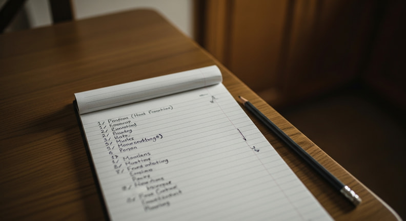 A handwritten list on a lined notepad on a kitchen table, with a pencil resting beside it and some items marked with ticks and arrows.