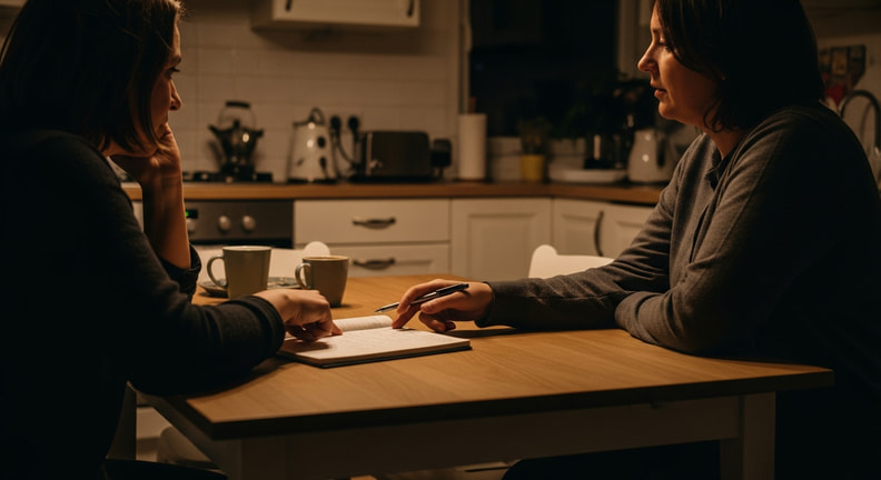 Two people sit at a kitchen table in the evening with a notepad between them, talking with one of them gesturing toward the page.