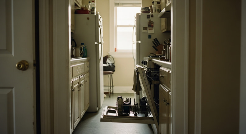 A narrow older galley kitchen seen from the doorway, where an open dishwasher door blocks the only walkway between worn cabinets and a crowded countertop.