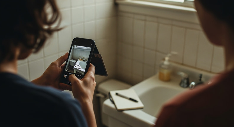 A person holds up a phone to photograph the corner of a tired bathroom, with a small notebook and pen resting on the edge of the basin.