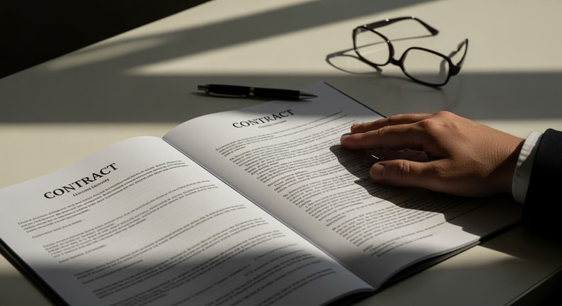 A multi-page printed contract lies open on a table beside a pen and reading glasses, with a person's hand resting on the pages, the text angled away and not legible.